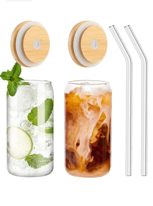 Glass Cups With Lid and Straws (12oz)